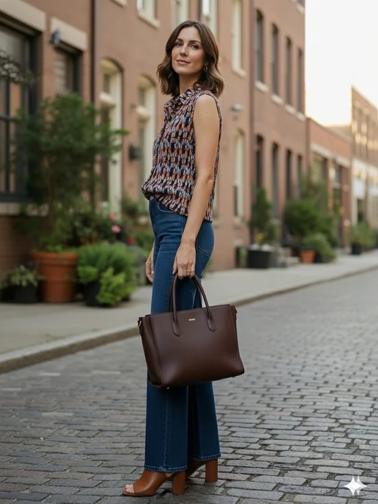 Wildfang Sleeveless Printed Button-Up Top in Blue & Tan - Picture 3 of 6